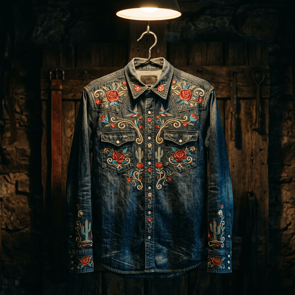Denim shirt with embroidered red roses, cacti, and floral patterns hanging on a wooden background