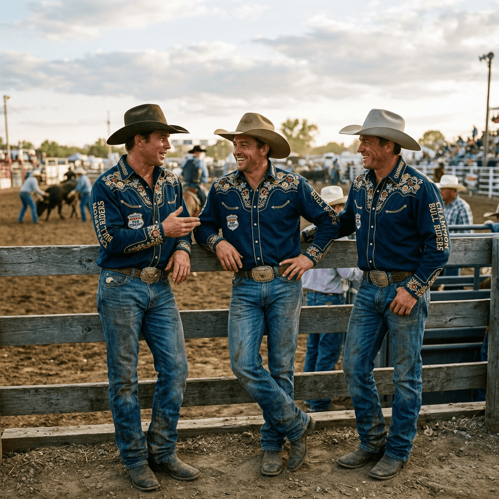Three cowboys in blue western shirts and hats chatting beside a rodeo arena fence
