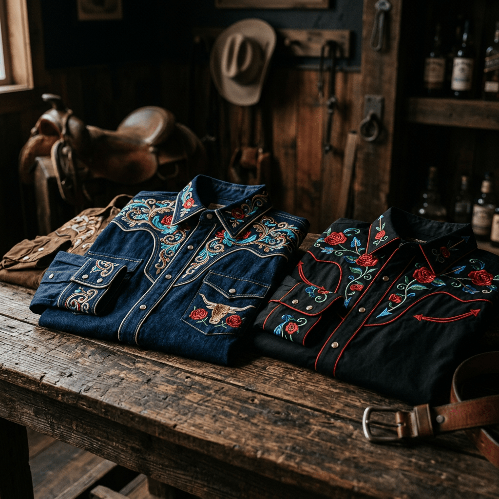 Two folded Western shirts with colorful embroidery on a wooden table next to a leather belt and saddle