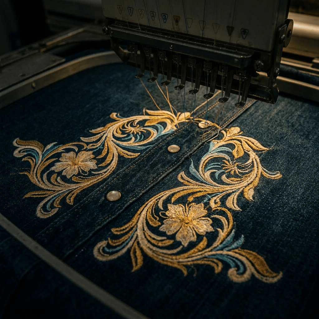 Industrial embroidery machine stitching floral pattern on denim jacket