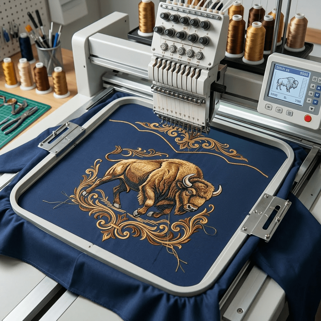 Show shirt being embroidered on industrial machine